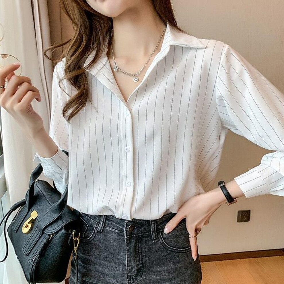 (white, XXL) 2022  Long Sleeve Tops Fashion Striped Shirts Women Blouses Spring Autumn White Blouse Turn Down Collar Blusas Clothes 23982