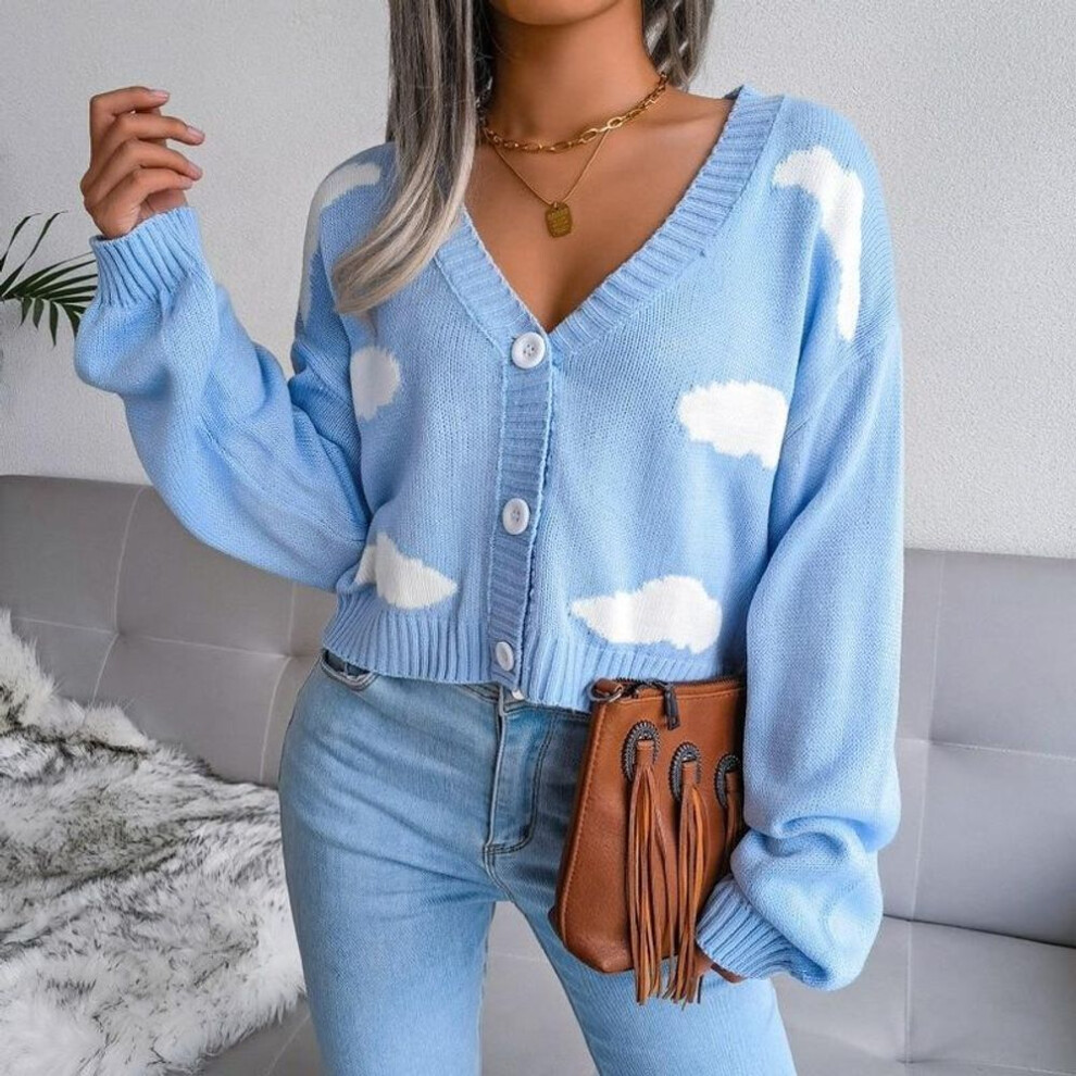(blue, M) Preppy Cloud Harajuku Sweater Fashion V-neck Short Long Sleeve Crop Top Cardigan Knitted Korean Sweaters Women Ropa Mujer 18115