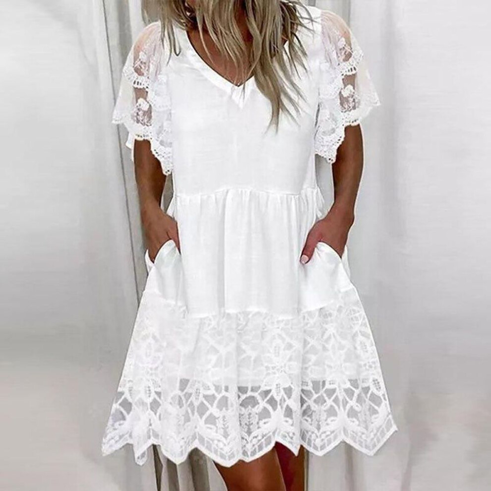 (white, XXL) Summer Hook Flower Hollow Lace Dress Casual Pocket V-neck White Dress Elegant Solid Slim Mini Party Club Dance Dress 21815