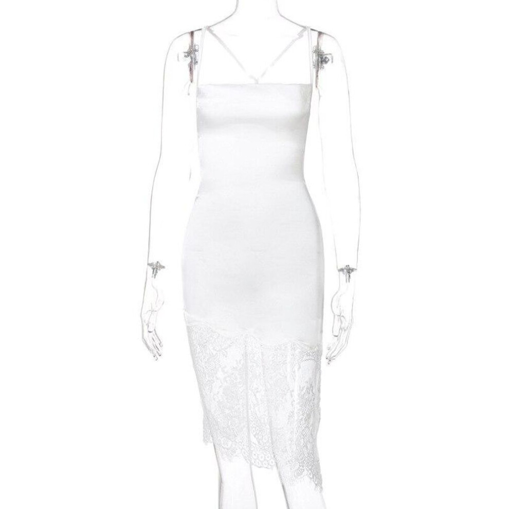 (white, M) Stitching Lace Sexy Dress Women Party Backless Bandage White Black Satin Dresses Bodycon Summer Nightclub Dress Vestidos 19299