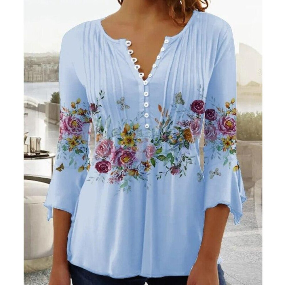 (blue, S) Spring Fashion Flower Print Shirt Women Elegant V-neck Short Sleeve Blouse Woman Button T-shirt Casual Tops Women Clothes 25898