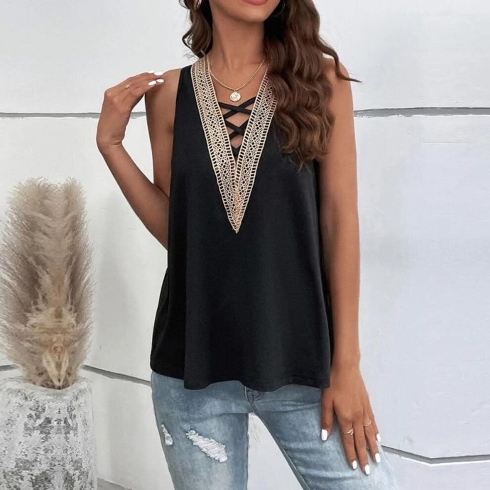 (black, L) Sexy Hollow Out V-neck Sleeveless Vest Casual Loose Tank Top Summer 2023  Women Solid Black Tops Clothes Blusa Mujer 25091
