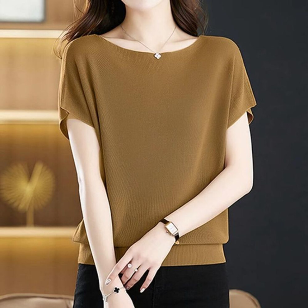 (camel, One Size) Bat Short Sleeve Ice Silk Shirt For Women Summer Mulberry Silk Casual Knitted Blouse O Neck Loose Tops Lady Knitwears 27437