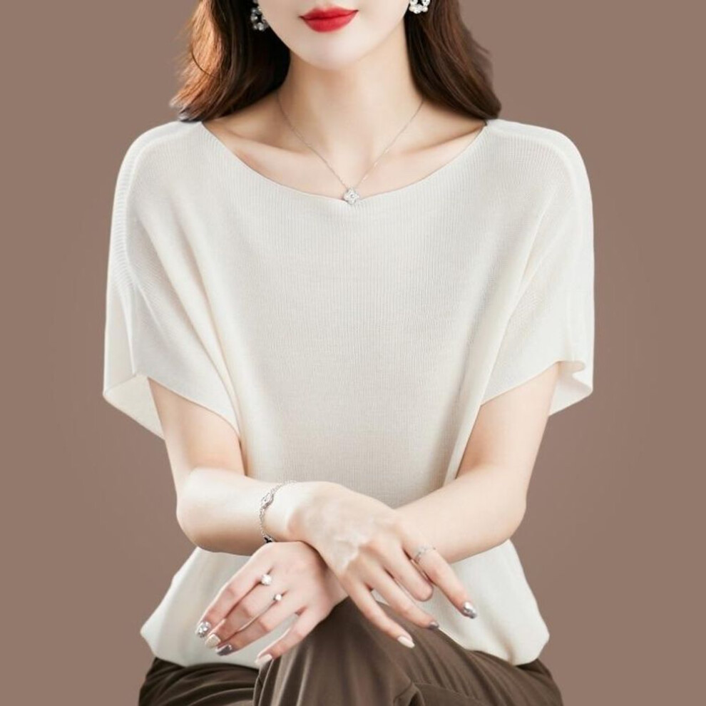 (white, One Size) Bat Short Sleeve Ice Silk Shirt For Women Summer Mulberry Silk Casual Knitted Blouse O Neck Loose Tops Lady Knitwears 27437