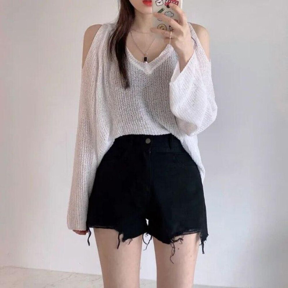 (white, One Size) Off Shoulder Sexy Long Sleeve Cover Up Blouse Women Loose Sunscreen V-neck Tops Elegant Summer Casual Ice Knit Long Shirts 27004