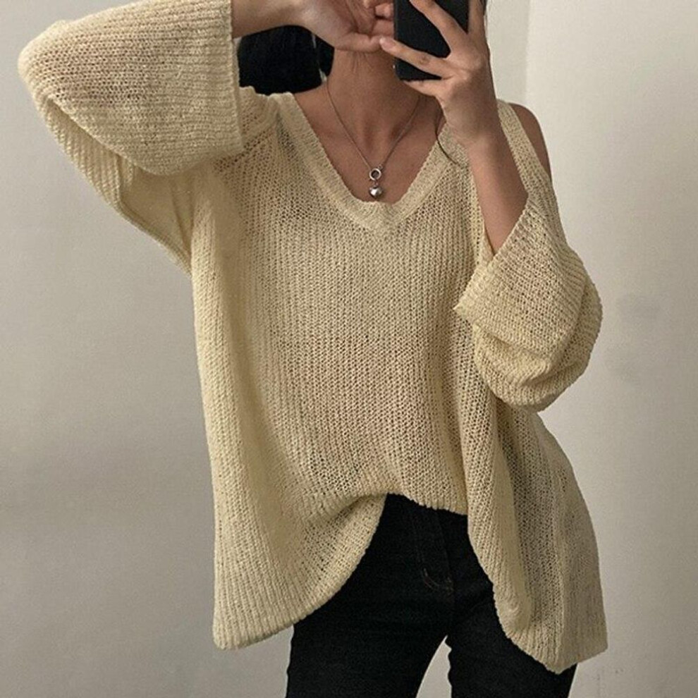 (yellow, One Size) Off Shoulder Sexy Long Sleeve Cover Up Blouse Women Loose Sunscreen V-neck Tops Elegant Summer Casual Ice Knit Long Shirts 27004