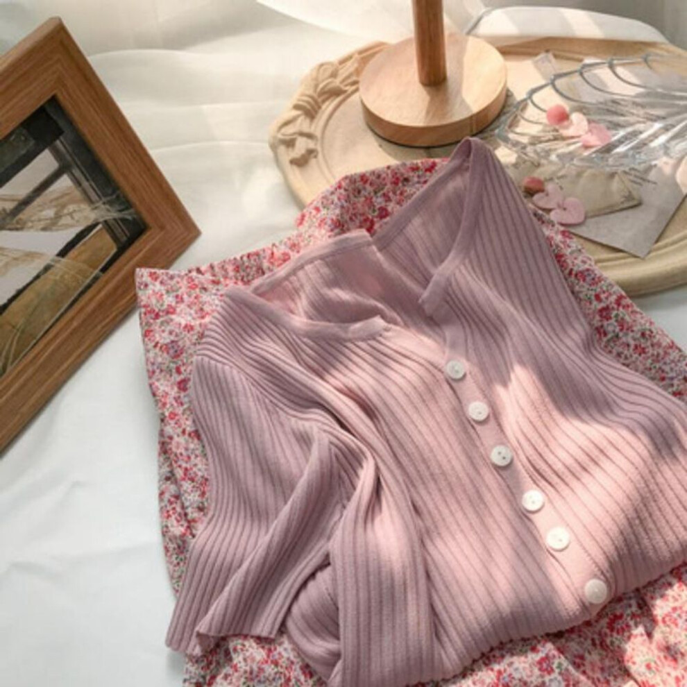 (pink, One Size) Casual Short Sleeve Knitted T-shirt Women Thin Loose Ice Silk T-shirts Office Lady Tees Summer Slim V-neck Button Crop Tops 27223