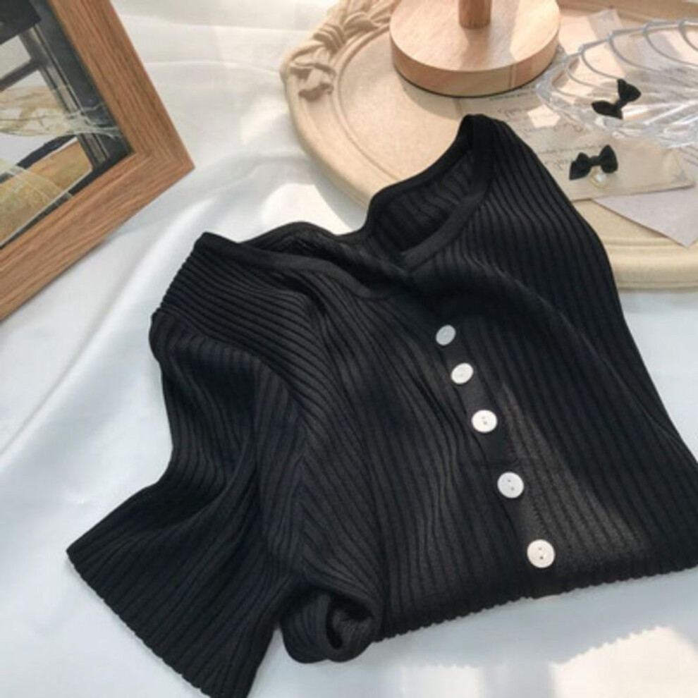(black, One Size) Casual Short Sleeve Knitted T-shirt Women Thin Loose Ice Silk T-shirts Office Lady Tees Summer Slim V-neck Button Crop Tops 27223