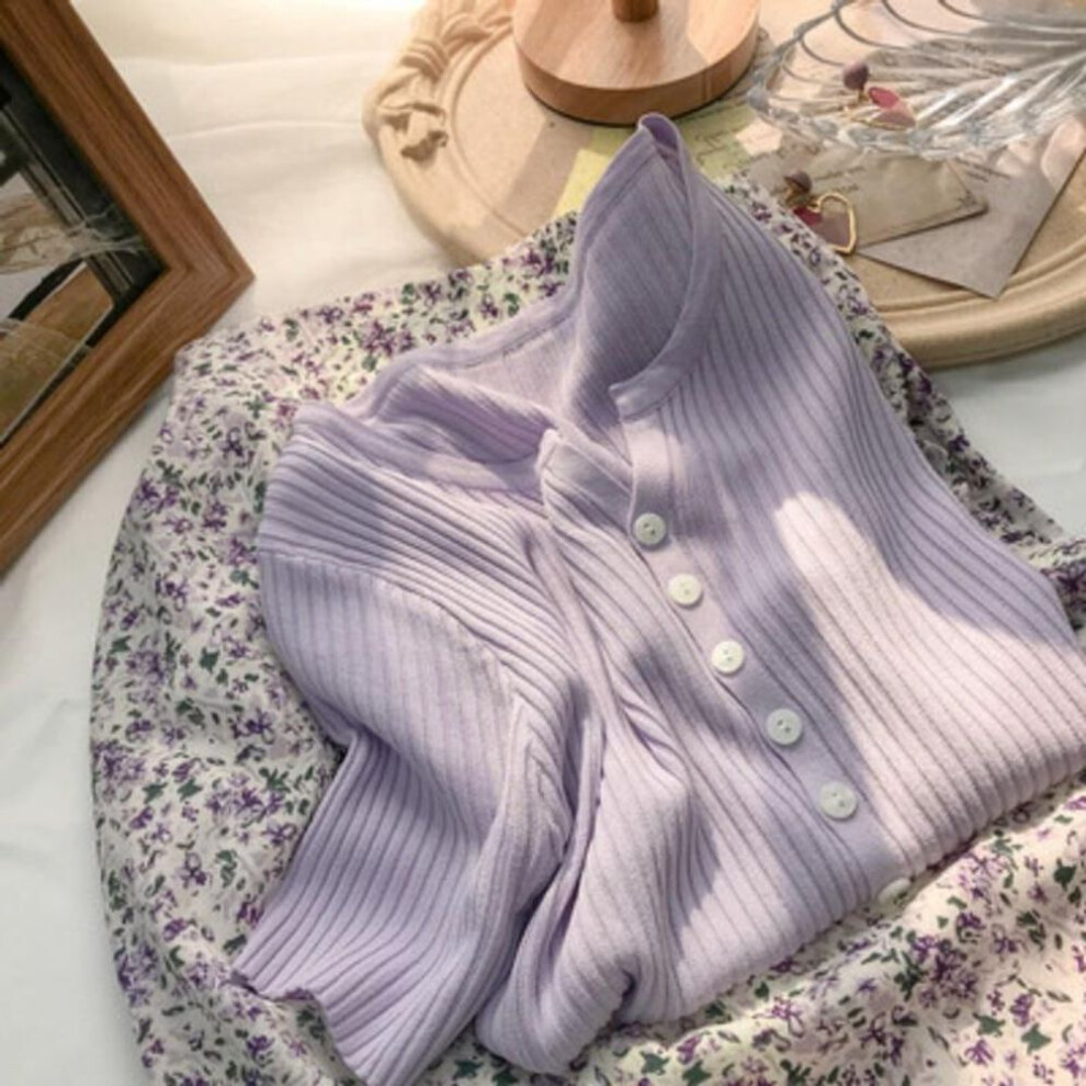 (purple, One Size) Casual Short Sleeve Knitted T-shirt Women Thin Loose Ice Silk T-shirts Office Lady Tees Summer Slim V-neck Button Crop Tops 27223