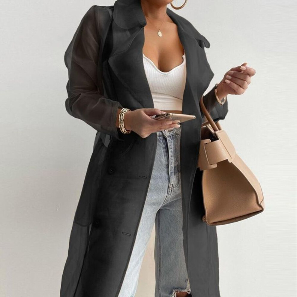(black, L) Thin Long Lantern Sleeve Cardigan Long Shirt Women Spring Summer Solid Color Loose Fashion Notched Collar Shirts With Belt 26544