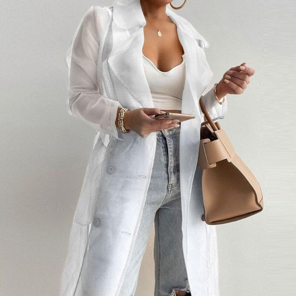 (white, S) Thin Long Lantern Sleeve Cardigan Long Shirt Women Spring Summer Solid Color Loose Fashion Notched Collar Shirts With Belt 26544