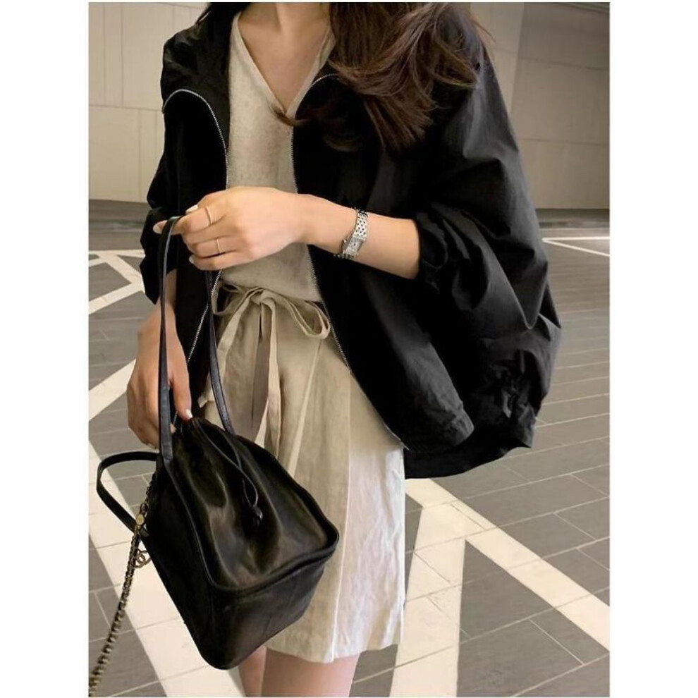 (black, S) Summer Sunscreen Hooded Cropped Jacket Women 2023 Casual Zipper Coats Long Sleeve Light Thin Shirt Ladies Loose Clothing 27234