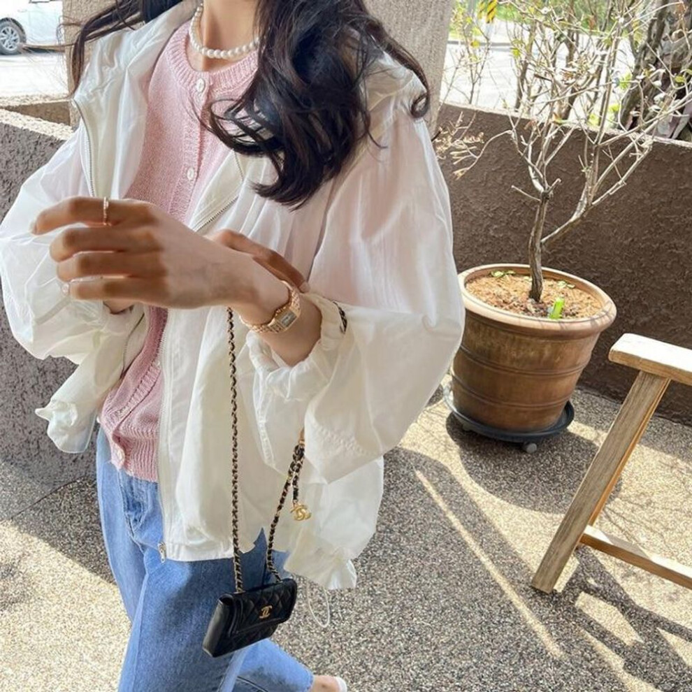(white, M) Summer Sunscreen Hooded Cropped Jacket Women 2023 Casual Zipper Coats Long Sleeve Light Thin Shirt Ladies Loose Clothing 27234