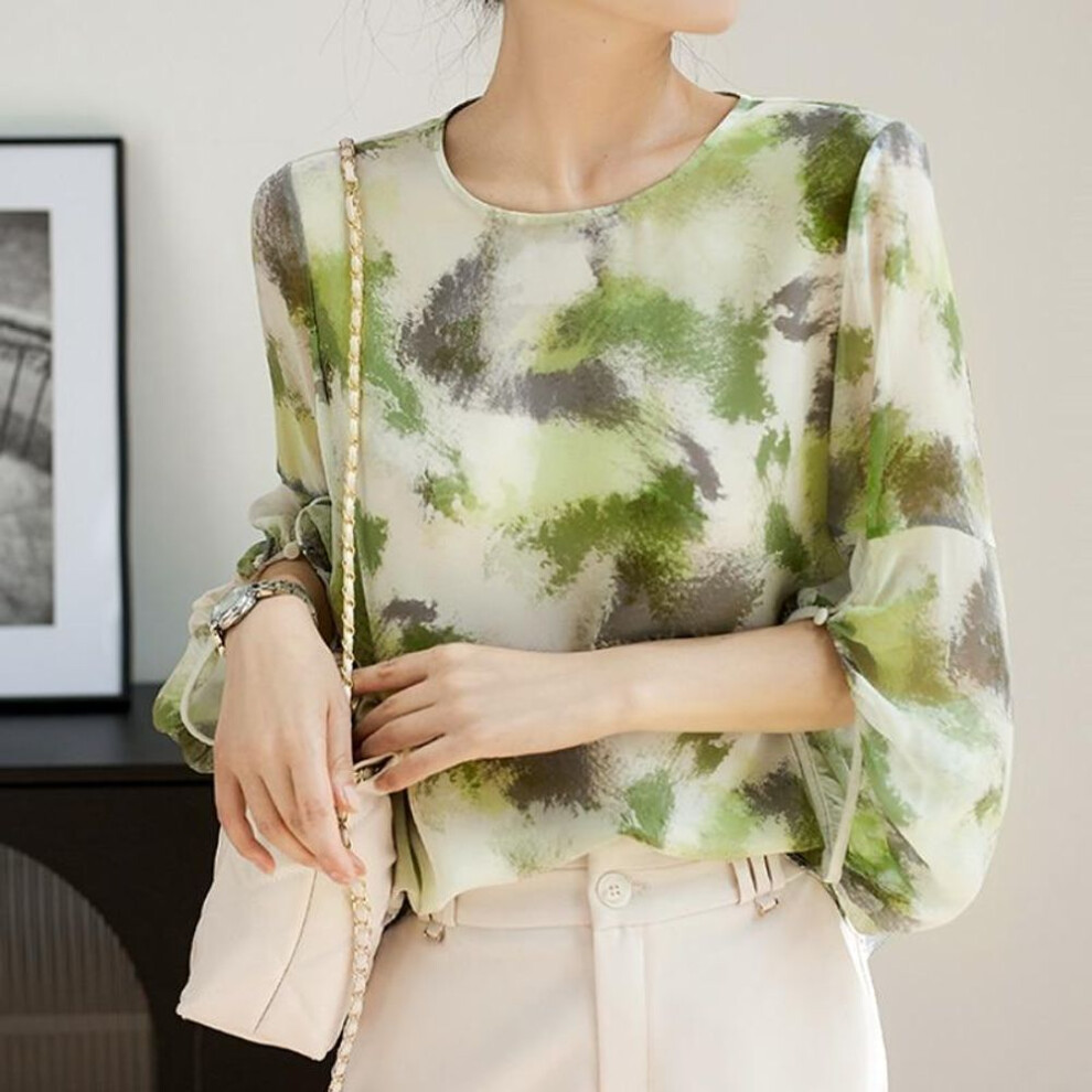 (green, M) Mulberry Silk Shirt Summer Clothes Elegant Casual Loose Round Collar Tops For Women Vintage Print Light And Thin Blouse 27202