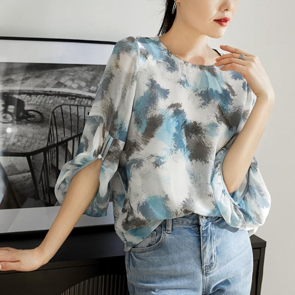 (blue, XXXL) Mulberry Silk Shirt Summer Clothes Elegant Casual Loose Round Collar Tops For Women Vintage Print Light And Thin Blouse 27202