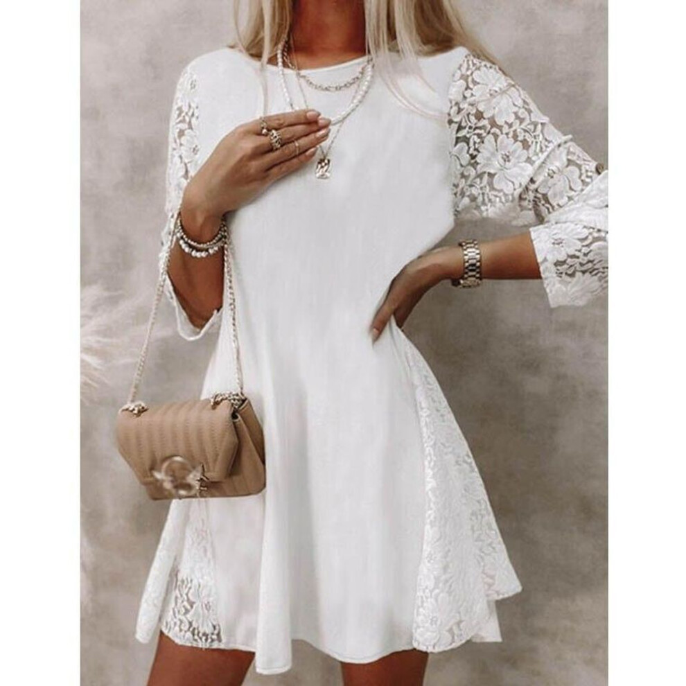 (white, XXXL) Fashion Lace-up Slim Ruffle Dress Women Casual Flower Summer Patchwork Lace Dress Elegant Three Quarter Sleeve White Dress 26621