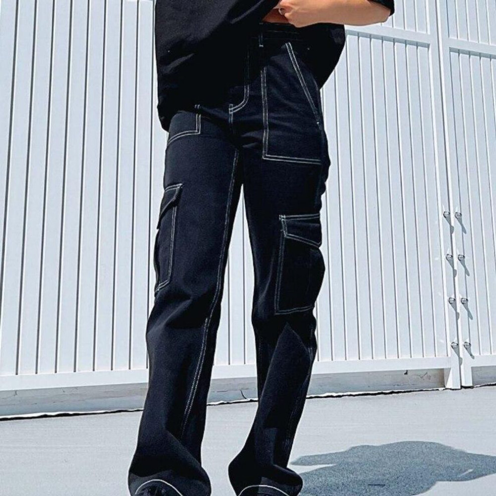 (black, M) Casual Loose Pants Spring Streetwear Fashion Pants Women Summer Pockets Solid Cargo Pants Trousers Joggers 26232