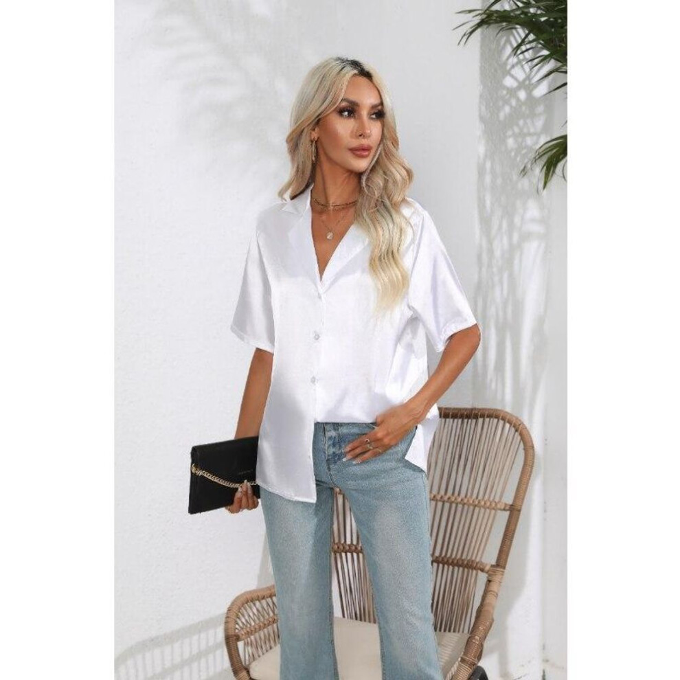 (white, XL) Short Sleeve Shirt Summer Solid Satin Silk Shirt Button Up Blouse Loose Office Ladies Tops Blusas Casual Shirts Elegant 26107