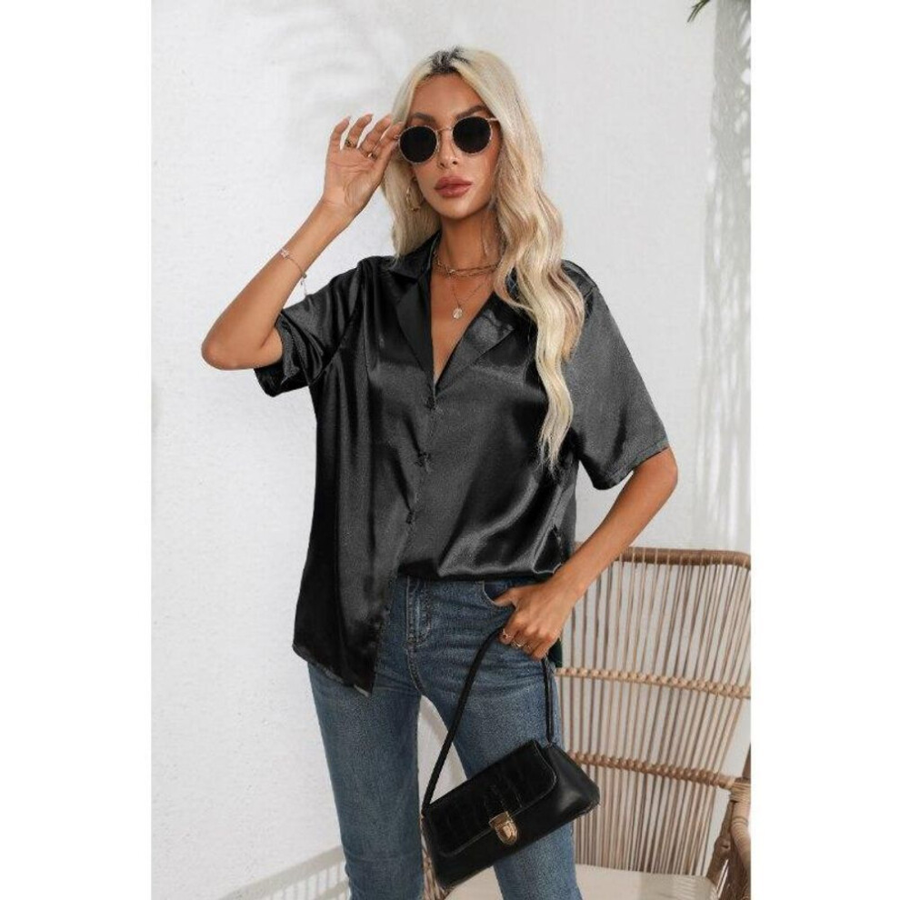 (black, S) Short Sleeve Shirt Summer Solid Satin Silk Shirt Button Up Blouse Loose Office Ladies Tops Blusas Casual Shirts Elegant 26107