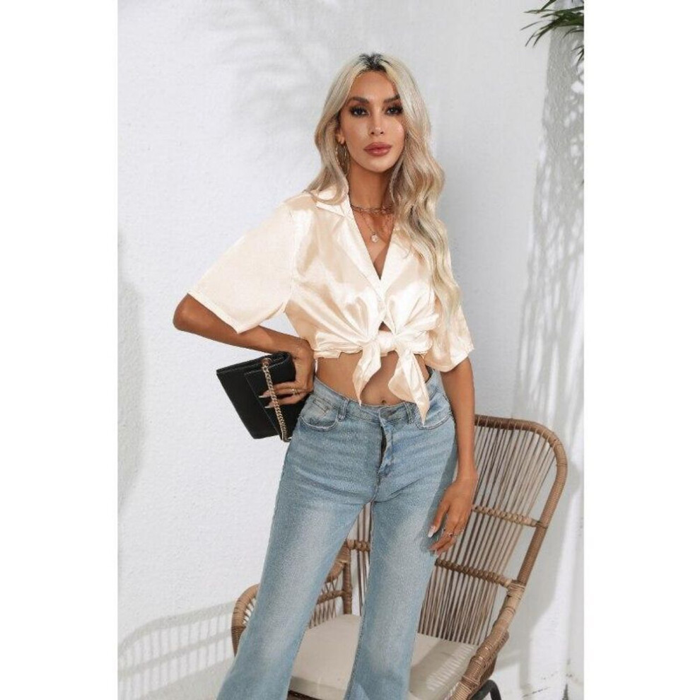 (champagne, L) Short Sleeve Shirt Summer Solid Satin Silk Shirt Button Up Blouse Loose Office Ladies Tops Blusas Casual Shirts Elegant 26107