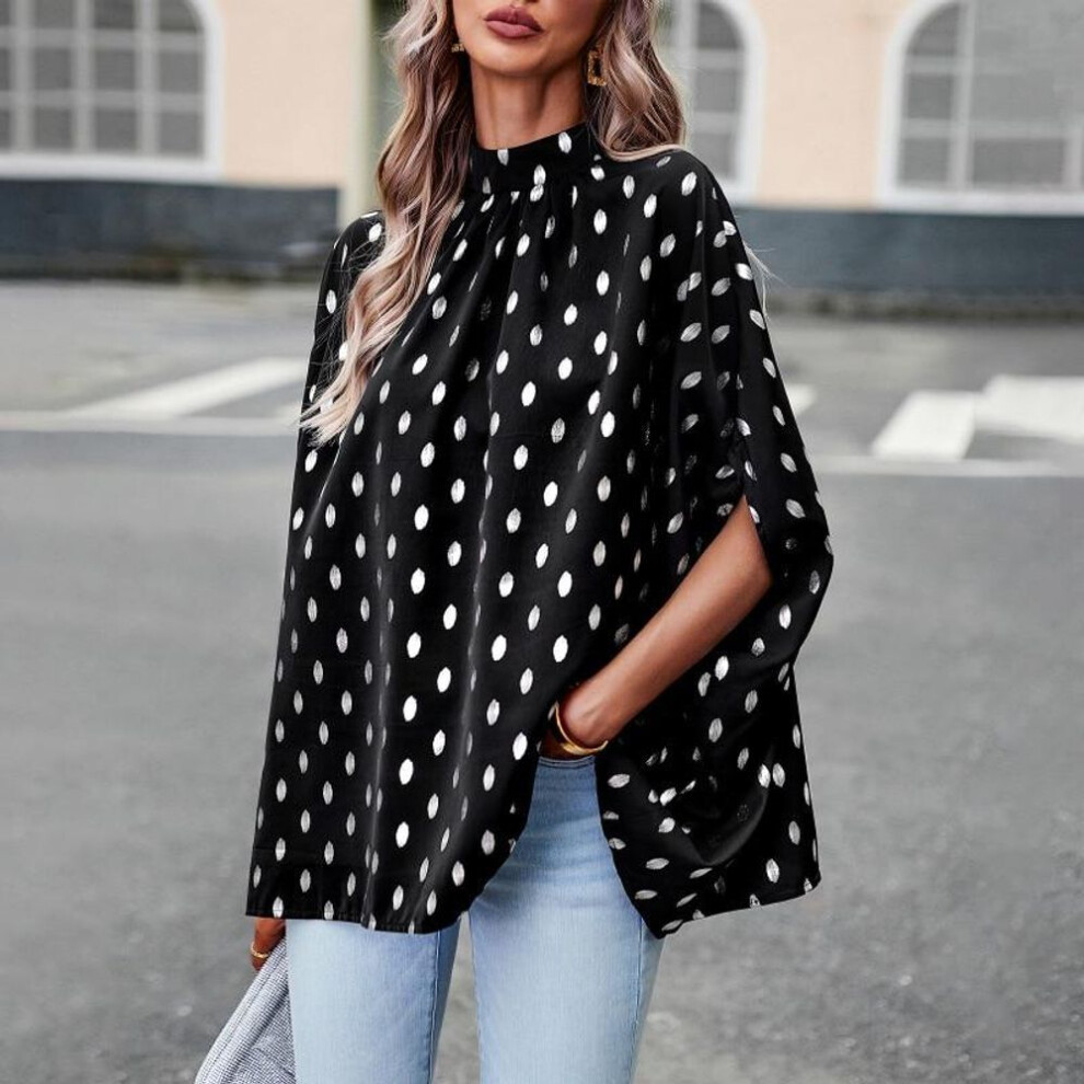 (black, XL) Autumn Office Lady Shirt Loose Fashion Women Clothing 2023 Batwing Sleeve Shirts Stand Collar Polka Dot Print Blouse Blusa 27973