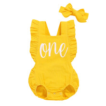 Shalofer Baby Girls Et ?r gammelt outfits F?rste f?dselsdagsdragt S?d rygl?s fl?ser jumpsuit med pandeb?nd (gul 12-18 m?neder)