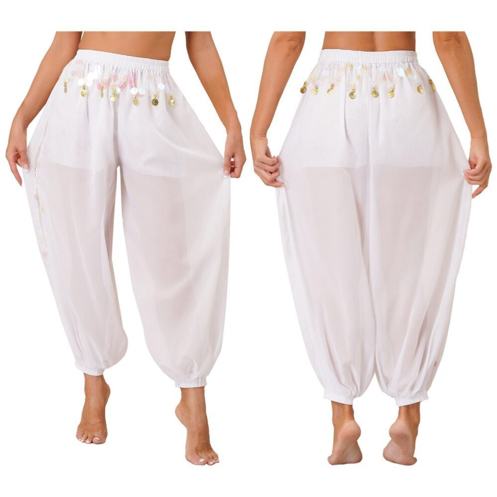 (white, One Size) Womens Belly Dance Chiffon Coins Lantern Pants Shiny Side Split Harem Trousers Halloween Fancy Pant