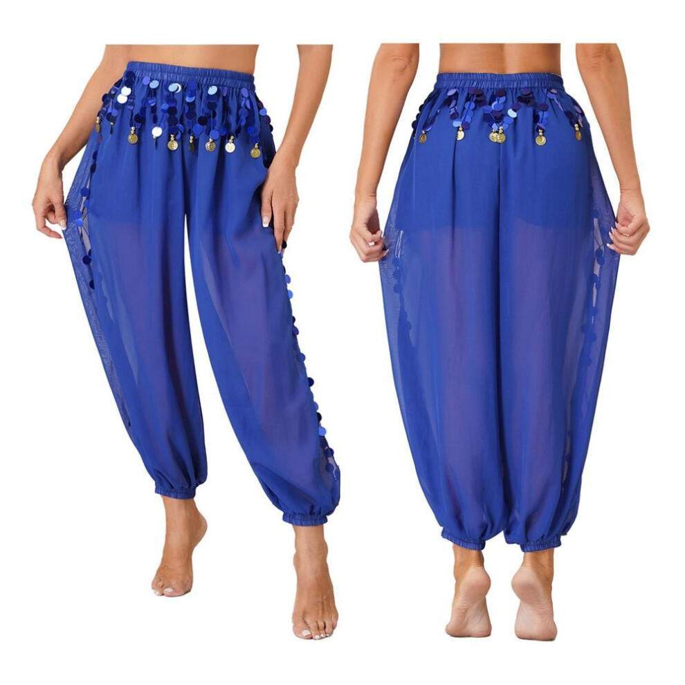(royal blue, One Size) Womens Belly Dance Chiffon Coins Lantern Pants Shiny Side Split Harem Trousers Halloween Fancy Pant