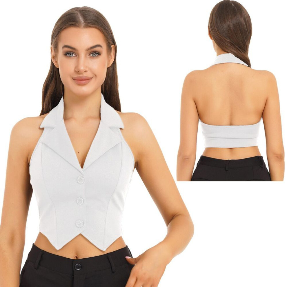 (white, XXL) Ladies Crop Tops Formal Elegant Ol Waistcoat Suits Vest Women Backless Vest Outerwear Jacket Coat Halter V-neck Office