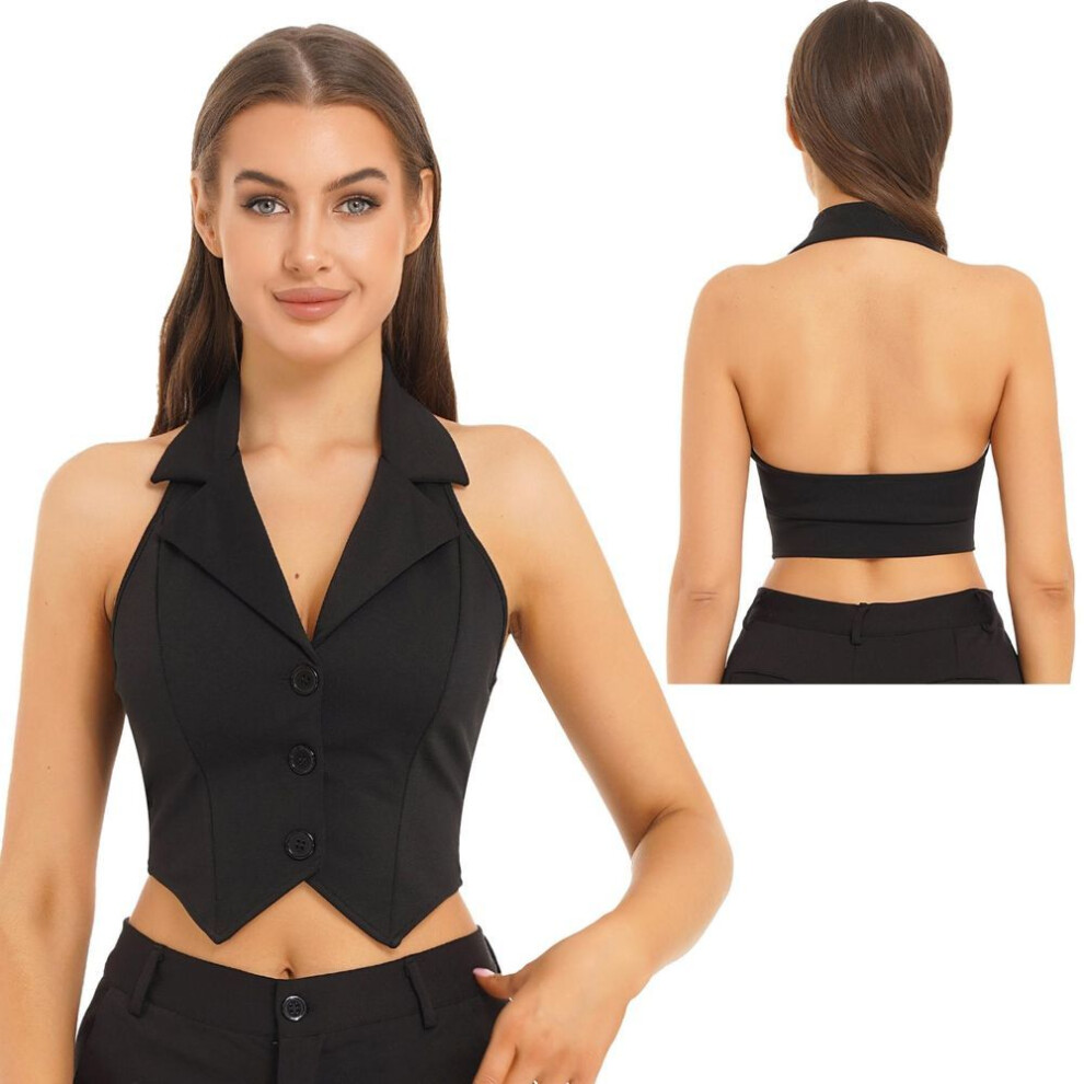 (black, L) Ladies Crop Tops Formal Elegant Ol Waistcoat Suits Vest Women Backless Vest Outerwear Jacket Coat Halter V-neck Office