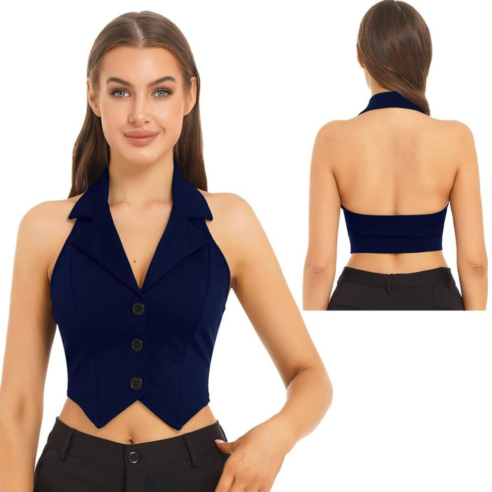 (navy blue, XL) Ladies Crop Tops Formal Elegant Ol Waistcoat Suits Vest Women Backless Vest Outerwear Jacket Coat Halter V-neck Office