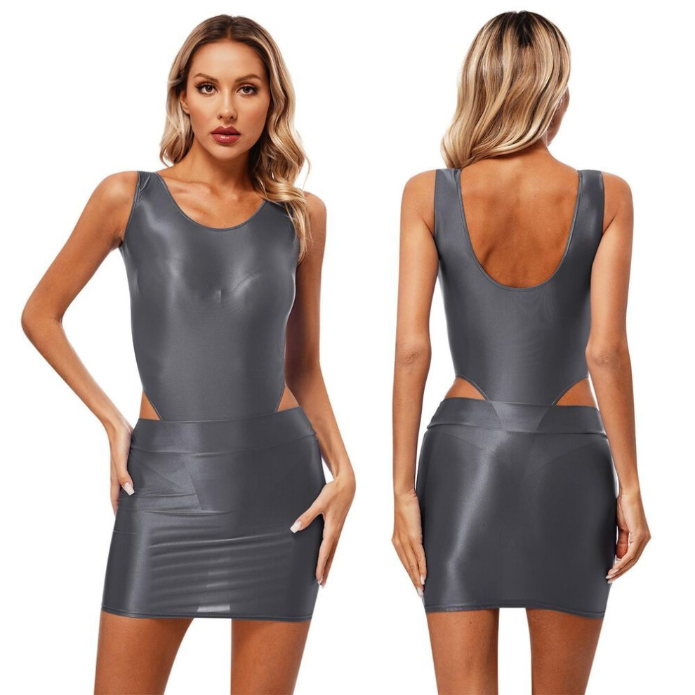 (dark grey, M) Women Sexy Clubwear Pole Dance Suit Club Performance Costume Sleeveless Bodysuit Pencil Skirt Yoga Workout Streetwear
