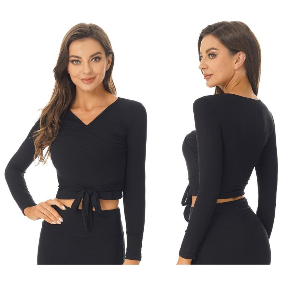 (black, L) Women Solid Color Wrap Jacket Ballet Jacket Bolero Long Sleeve Wrap Top Dancewear for Gym Yoga Ballet Modern Dance