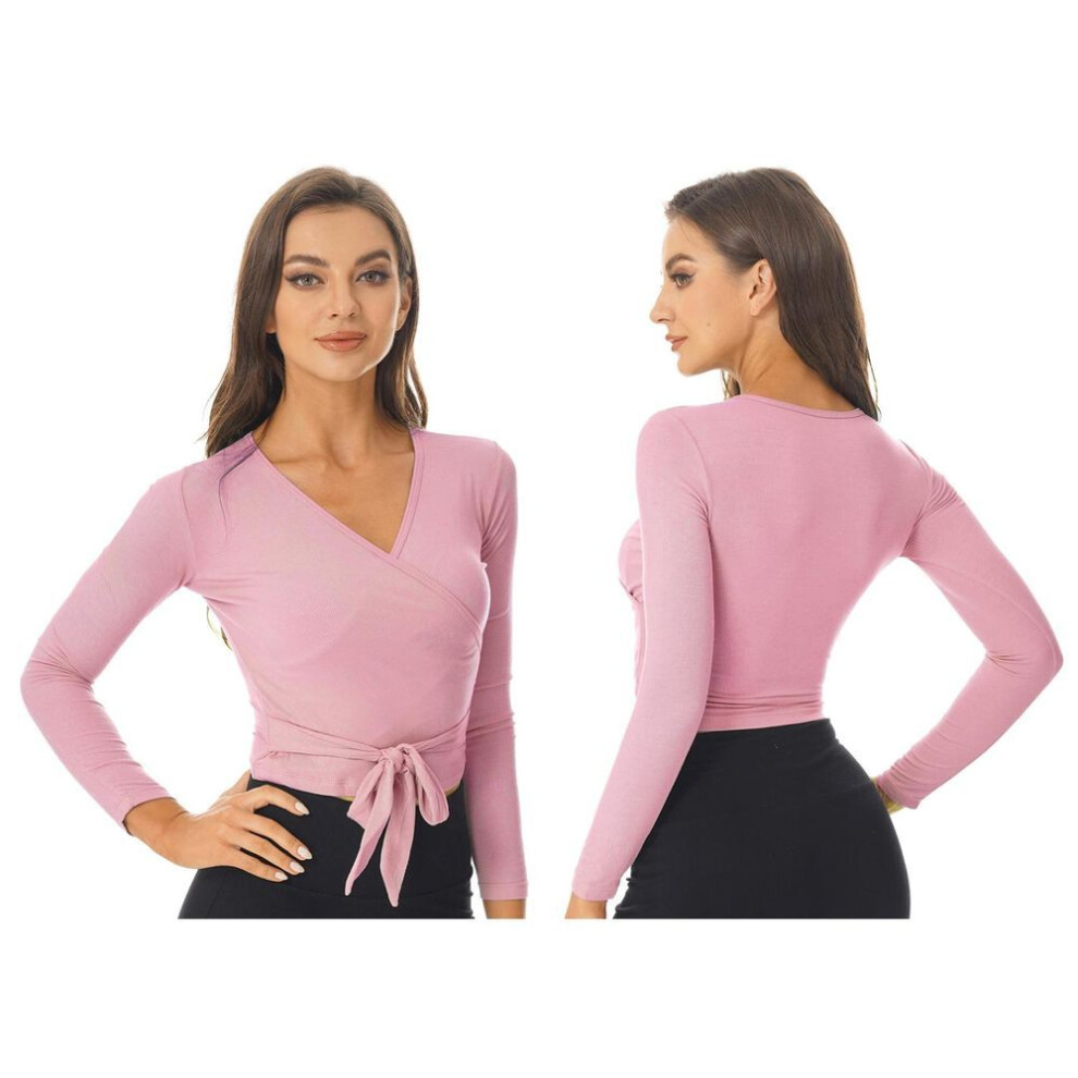 (pink, XXL) Women Solid Color Wrap Jacket Ballet Jacket Bolero Long Sleeve Wrap Top Dancewear for Gym Yoga Ballet Modern Dance