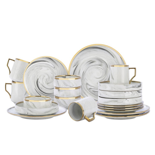 HomeVss, Fine china Artisan Marbled 20pc Dinnerware Set, grey with gold Line 1