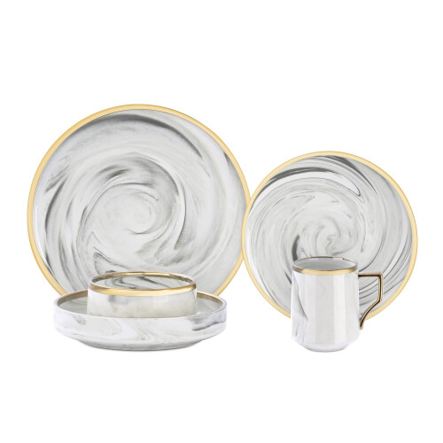 HomeVss, Fine china Artisan Marbled 20pc Dinnerware Set, grey with gold Line 2