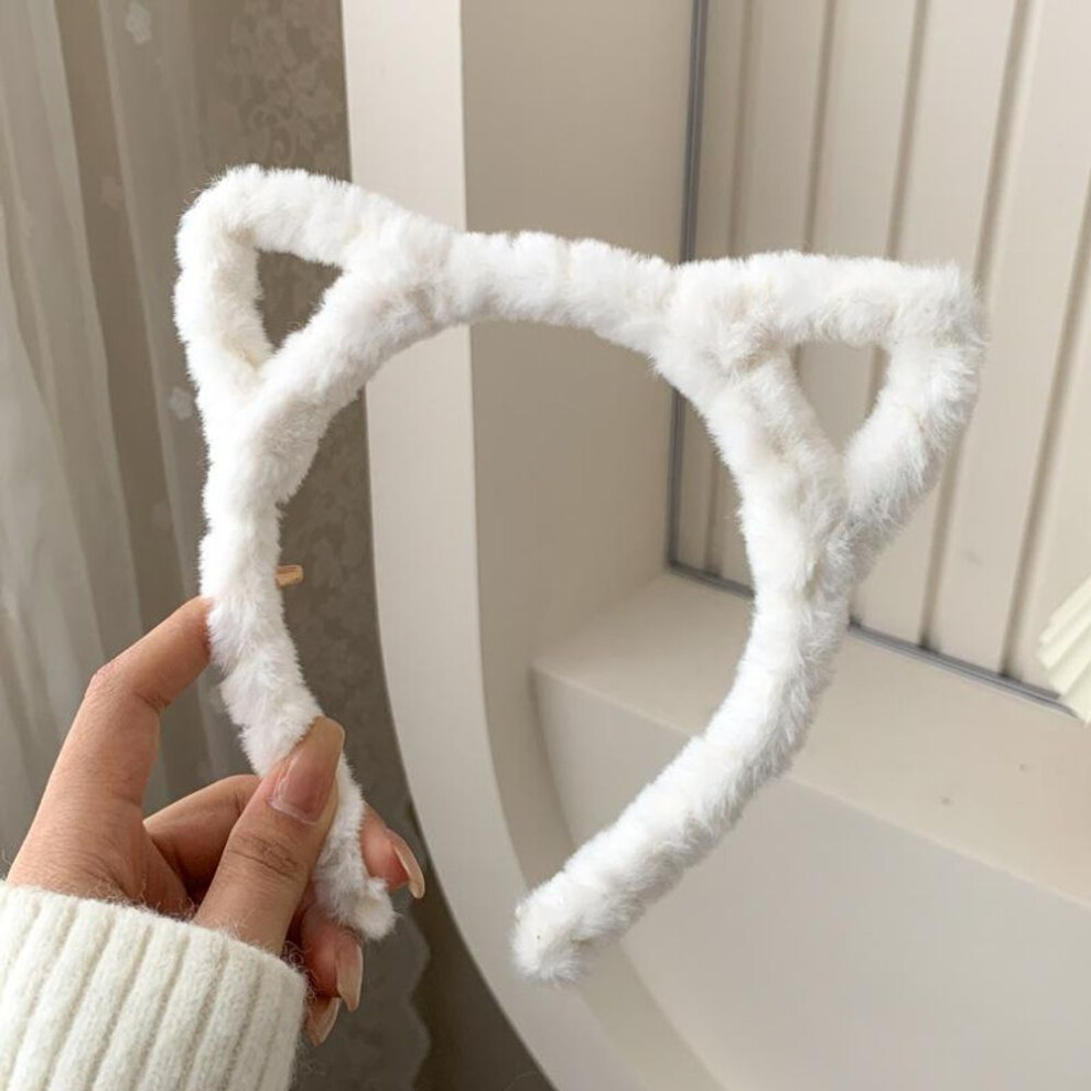 (white) Cat Ears Womens Headband Woolen Velvet Hair Band Headwear Girl Wash Up Plush Hair Hoop Hair Accessories Autumn and Winter