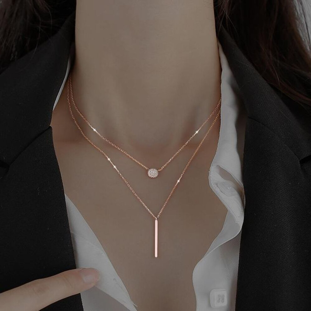 (rose gold) Square Flash Diamond Round Double Necklace Women Clavicle Chain Fine Jewelry Party Wedding Accessories
