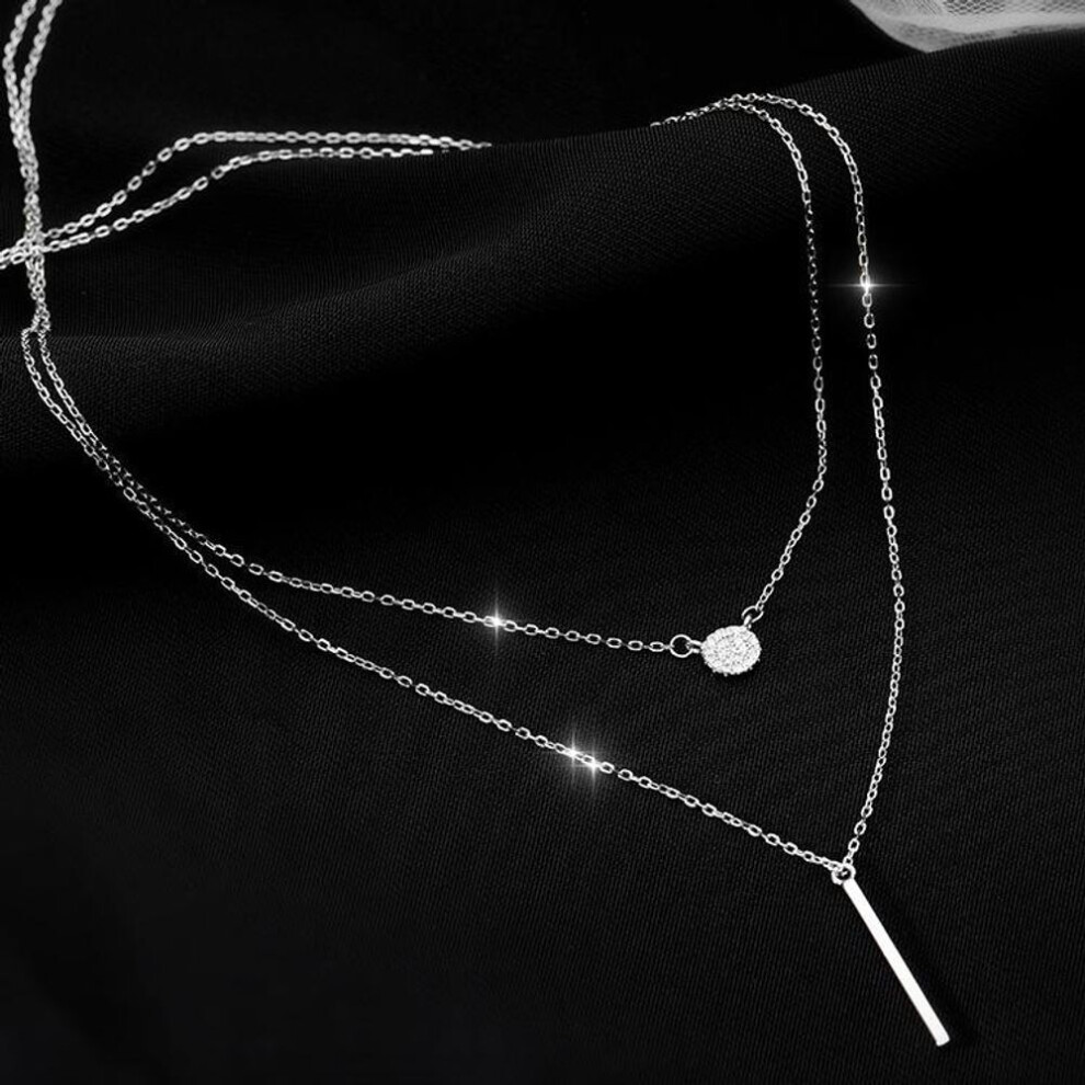 (silver) Square Flash Diamond Round Double Necklace Women Clavicle Chain Fine Jewelry Party Wedding Accessories