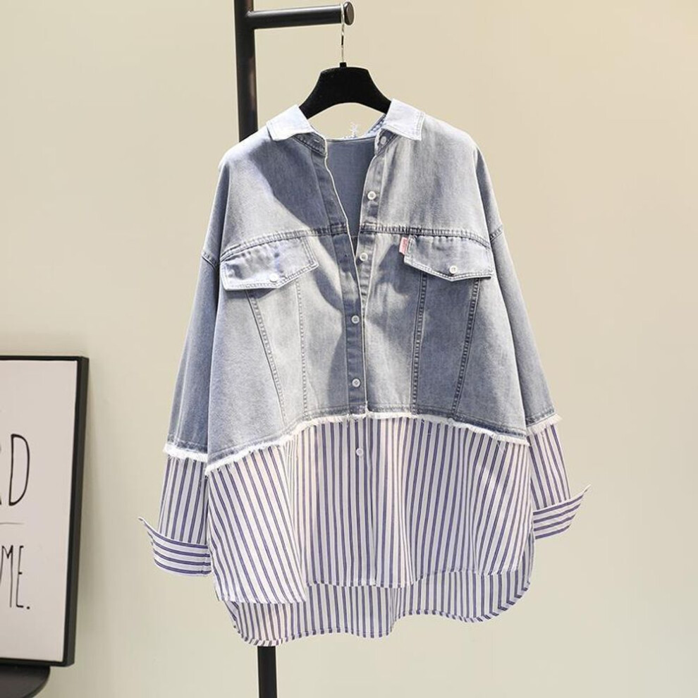 (blue, L) Striped Denim Vintage Polo Collar Single Breasted Long Sleeve Women&apos;s Blouse Shirt Korean Fashion Female Clothing