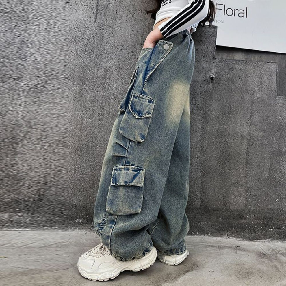 (blue, 150) Cargo Jeans For Girls  Spring Loose Casual Elastic Waist Teenage Children Wide Leg Pants Design Streetwear Kids Trousers