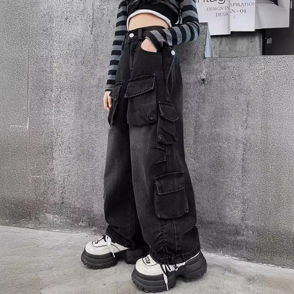 (black, 150) Cargo Jeans For Girls  Spring Loose Casual Elastic Waist Teenage Children Wide Leg Pants Design Streetwear Kids Trousers