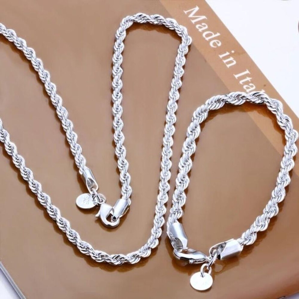 (as the picture, 45CM and 20cm) High Quality 925 Silver Color 4mm Women Men Chain Male Twisted Rope Necklace Bracelets Fashion Silver Jewelry Set