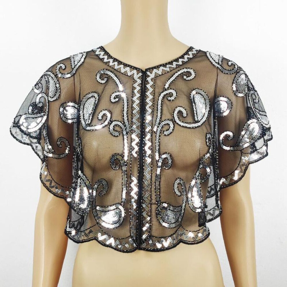 (black,silver) Sequined Lace Shawl Dress With Mesh And Beaded Details - Fashionable And Versatile For European And American Styles