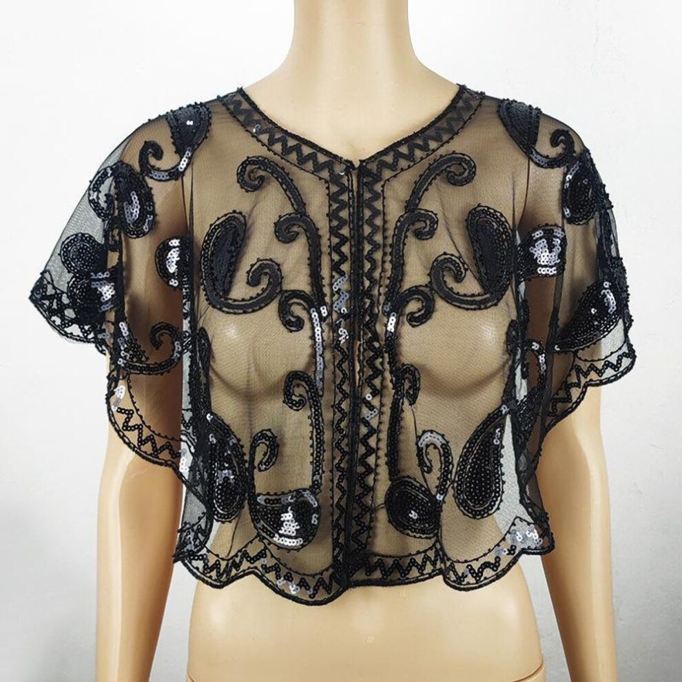 (black) Sequined Lace Shawl Dress With Mesh And Beaded Details - Fashionable And Versatile For European And American Styles