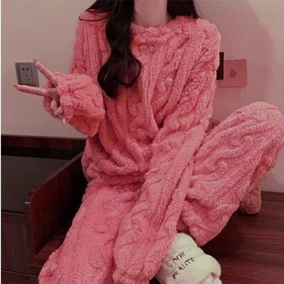 (peach,pink, One size [80-140 catties]) Coral Velvet Jacquard Pajama Set: Thickened, Warm Flannel Suit For Couples In Autumn And Winter.