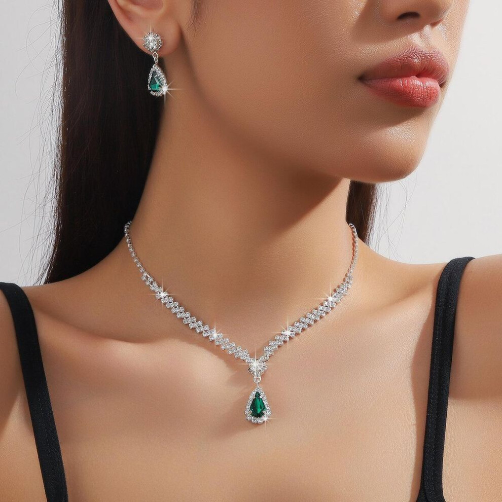 (green, two-piece set) Luxury Bridal Jewelry Set: Women&apos;s Earrings, Necklace, And Bracelet Trio