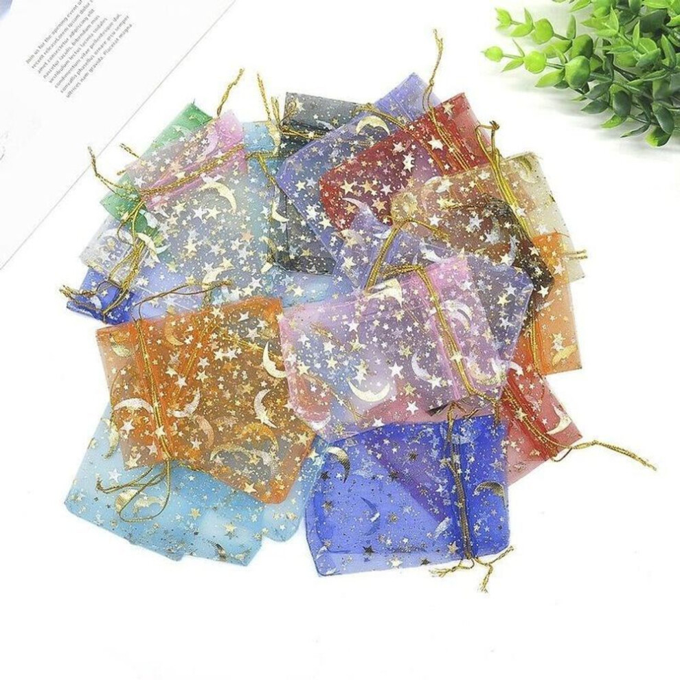 (multicolor) 50pcs Mix Color Moon Stars Drawstring Sheer Organza Bags Jewelry Present Gift Bags Favor Candy Pouches