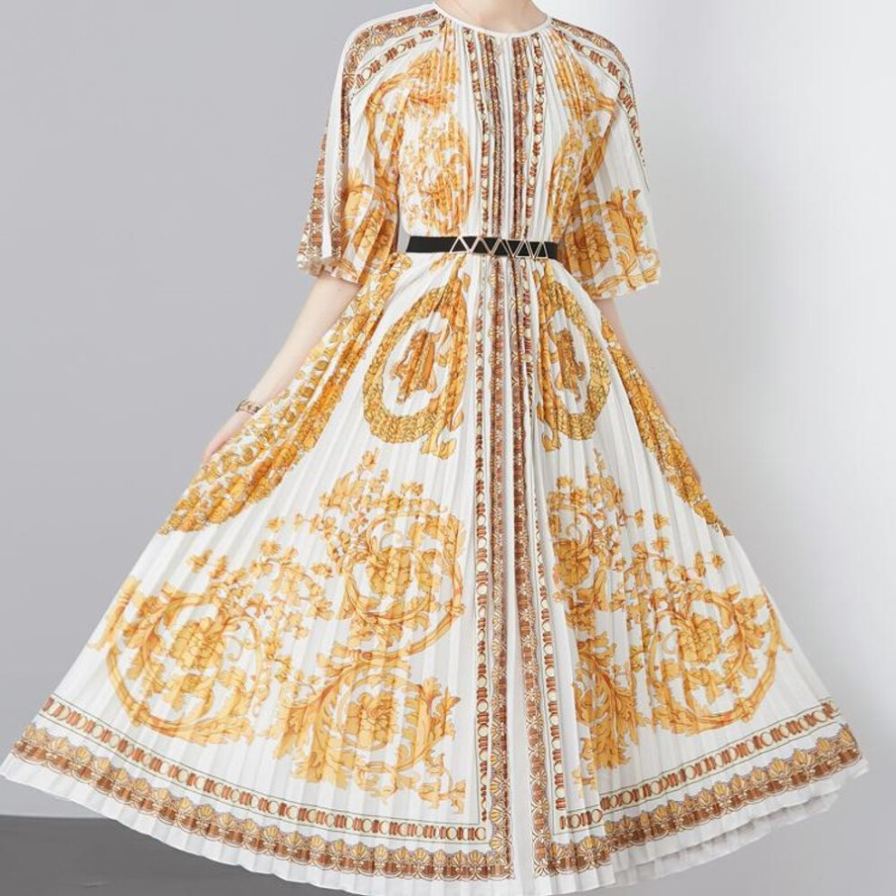 (beige, One Size) Summer Women Vintage Baroque Print Half Sleeve Loose Long Maxi Runway Party Pleated Dresses With Belt