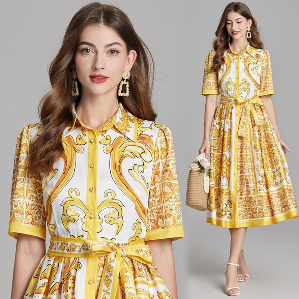 (gold, 2XL) Summer Women Elegant Turn-down Collar Designer Print Long Midi Holiday Party Shirt Dresses